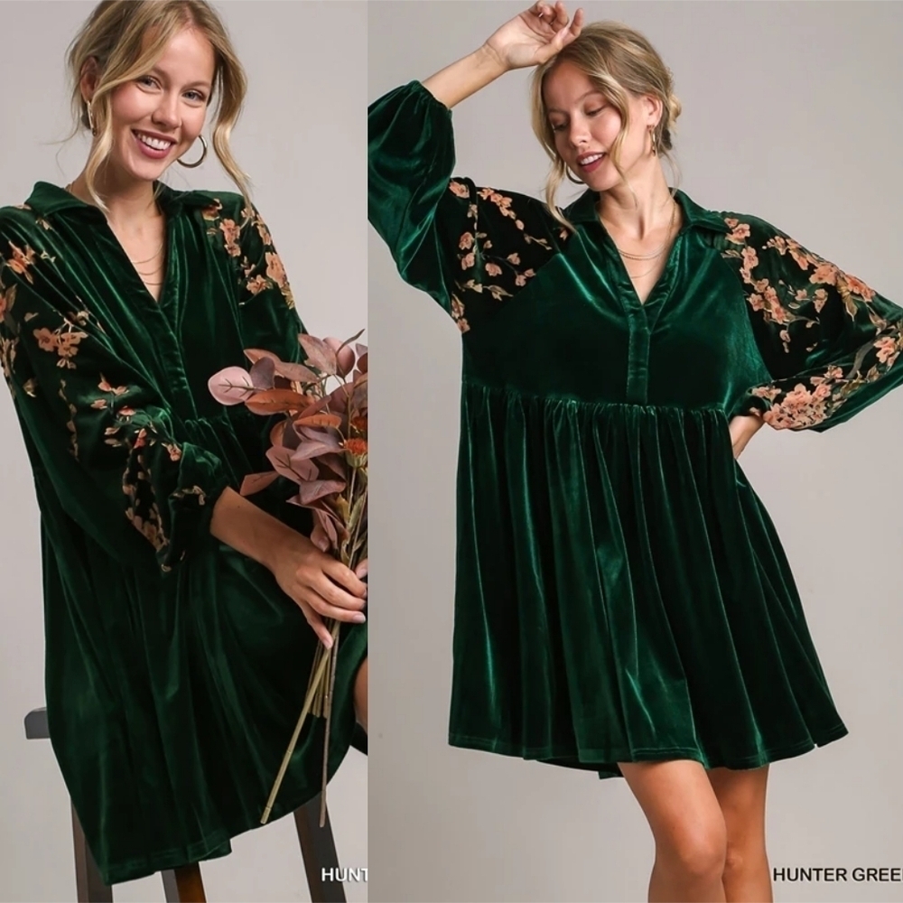 NWT Umgee Hunter Green Velvet Floral BabyDoll Dress Boho